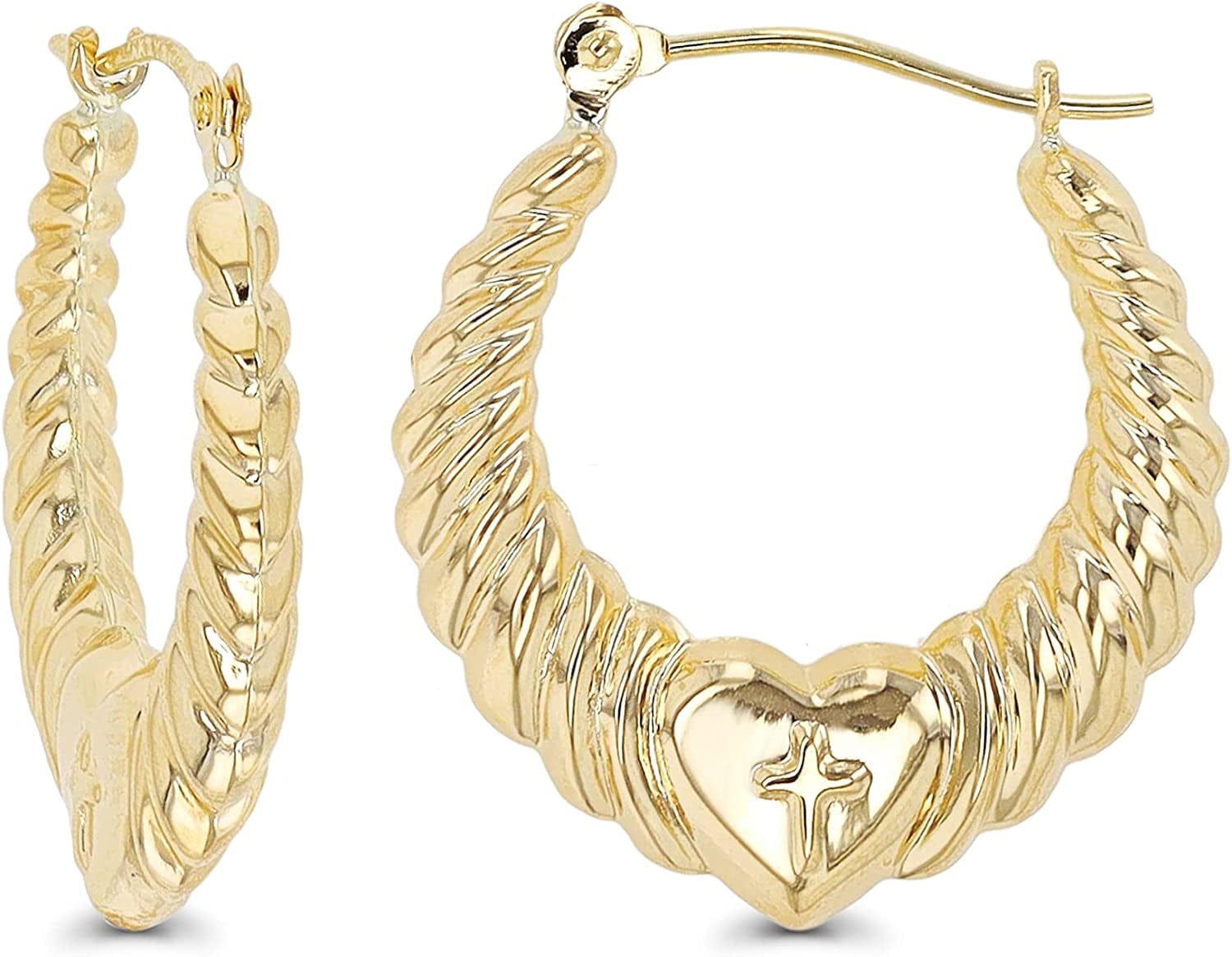 14K Gold Solid Hypoallergenic Heart Hoop Earrings - Tricolor Gold, Two Tone, Heart Shaped, Triple Heart, Shrimp Hoops Apparel & Accessories > Jewelry > Earrings DECADENCE Shrimp Heart-(3.30x22mm)  