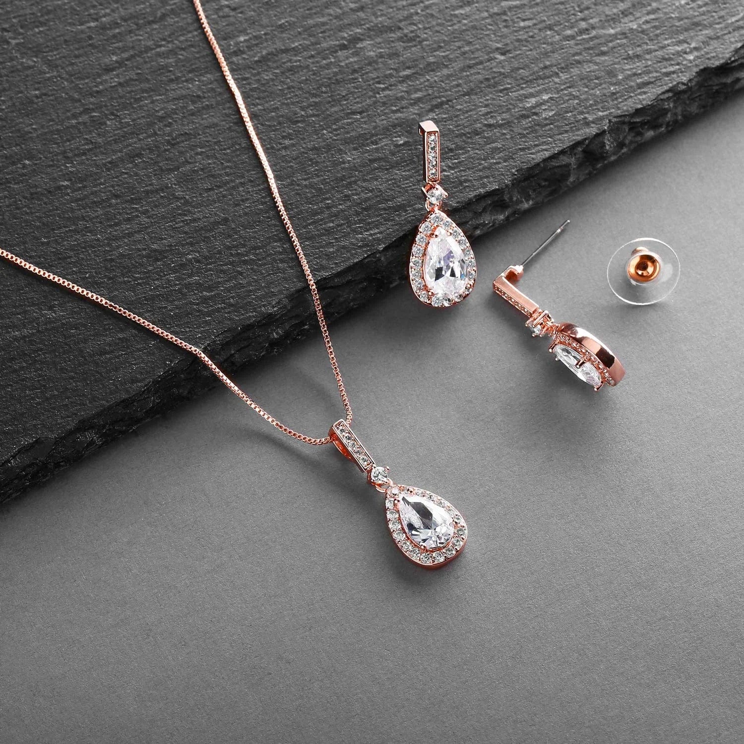 14K Rose Gold Plated Cubic Zirconia Pear-Shape Necklace & Earrings Bridal and Wedding Jewelry Set