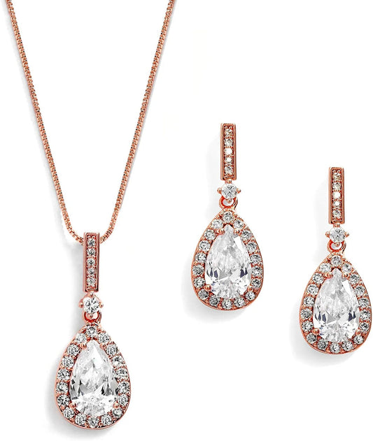 14K Rose Gold Plated Cubic Zirconia Pear-Shape Necklace & Earrings Bridal and Wedding Jewelry Set
