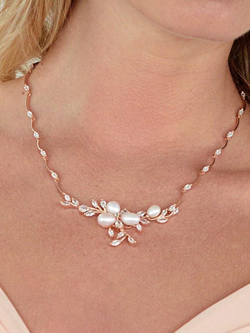 14K Rose Gold Plated CZ Bridal Wedding Freshwater Pearl Necklace and Earrings Jewelry Set