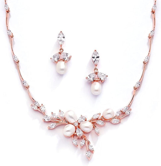 14K Rose Gold Plated CZ Bridal Wedding Freshwater Pearl Necklace and Earrings Jewelry Set