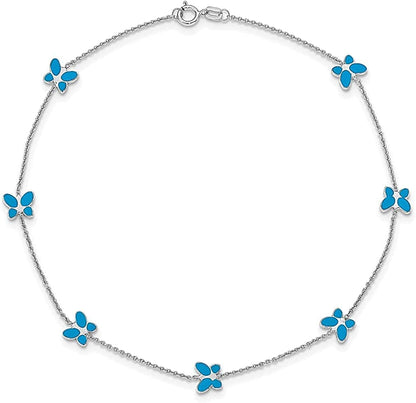 14K White Gold Blue Enameled Butterfly 10 Inch Anklet Ankle Beach Chain Bracelet Insect Arachnid Fine Jewelry for Women Gifts for Her Apparel & Accessories > Jewelry > Anklets ICE CARATS   