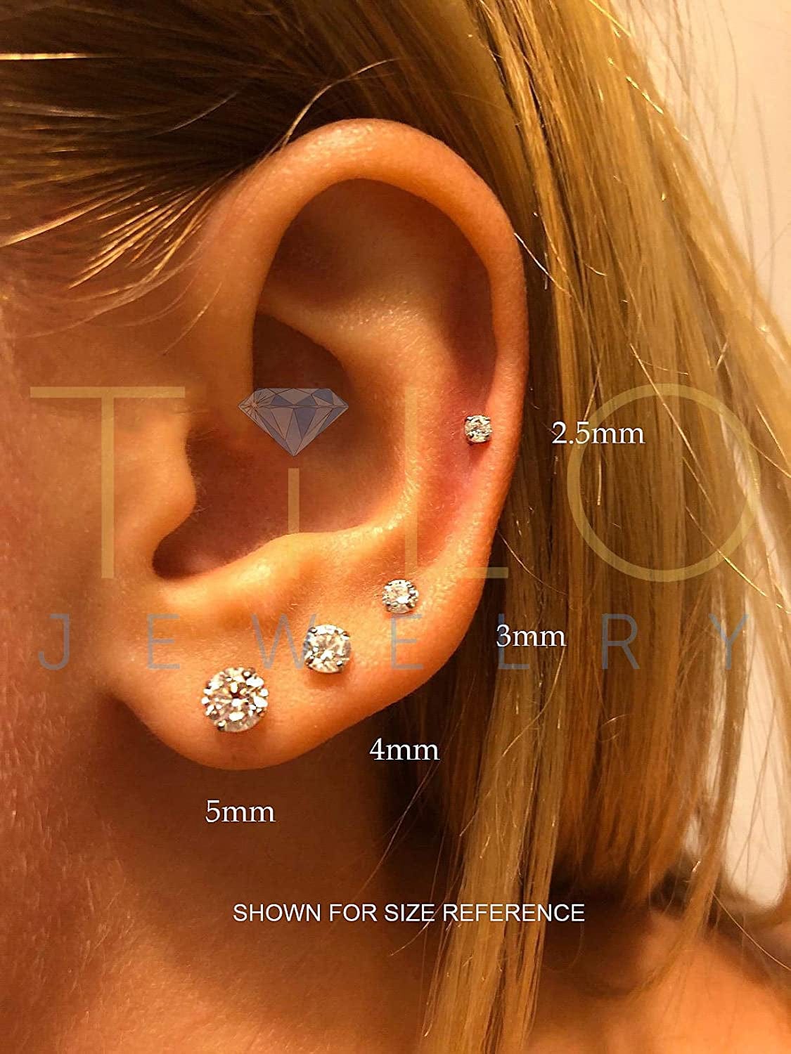 14K White Gold Solitaire round Cubic Zirconia CZ Stud Earrings in Secure Screw-Backs