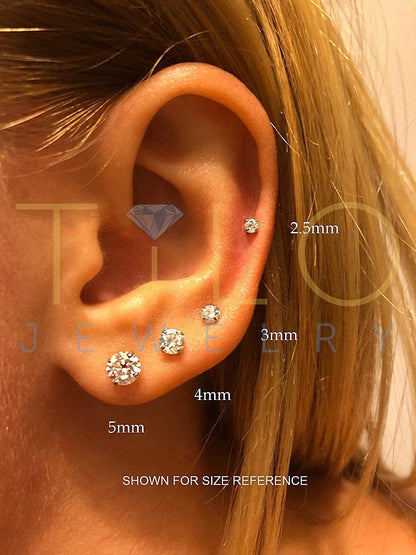 14K White Gold Solitaire round Cubic Zirconia CZ Stud Earrings in Secure Screw-Backs