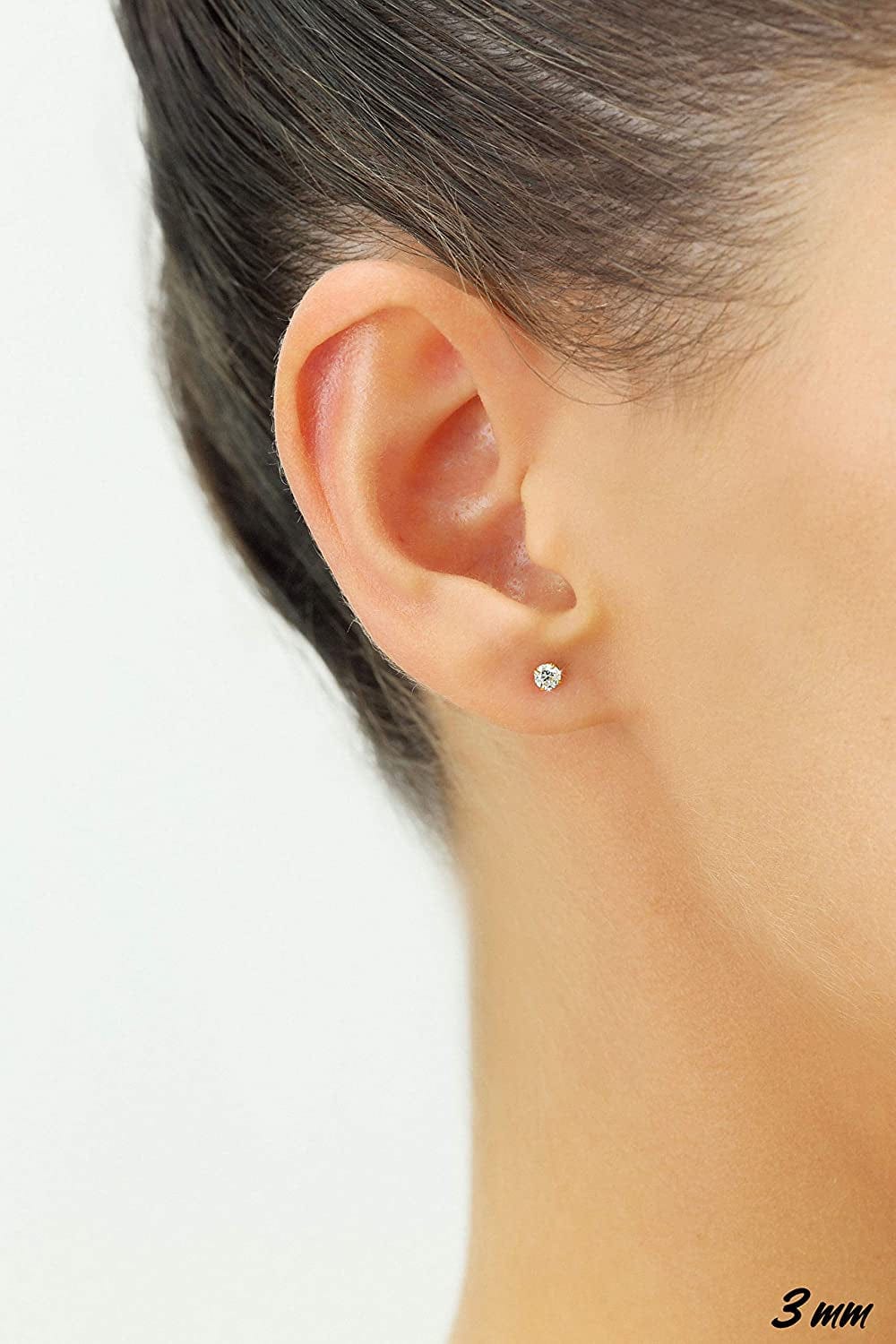 14K White Gold Solitaire round Cubic Zirconia CZ Stud Earrings in Secure Screw-Backs