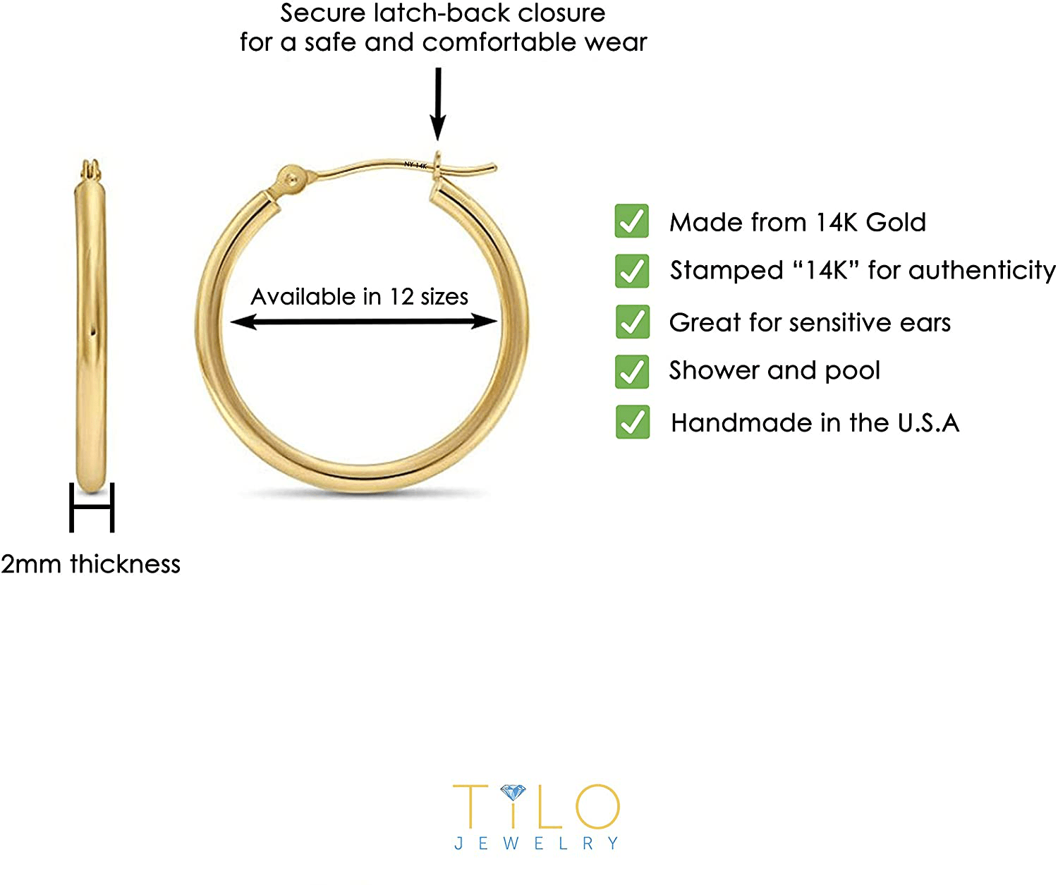 14k Yellow Gold Classic Shiny Polished Round Hoop Earrings, 2mm tube Arts & Entertainment > Party & Celebration > Gift Giving TILO JEWELRY   
