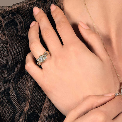 14K Yellow Gold over Sterling Silver 3 Stone round Created White Sapphire and Natural White round Diamond Accent Ring