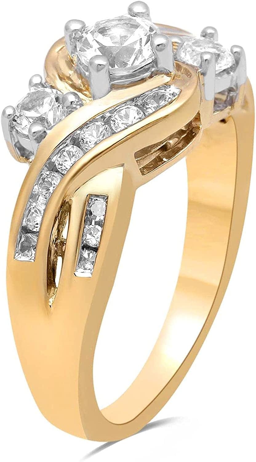 14K Yellow Gold over Sterling Silver 3 Stone round Created White Sapphire and Natural White round Diamond Accent Ring