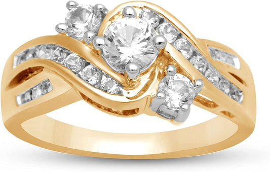 14K Yellow Gold over Sterling Silver 3 Stone round Created White Sapphire and Natural White round Diamond Accent Ring 7