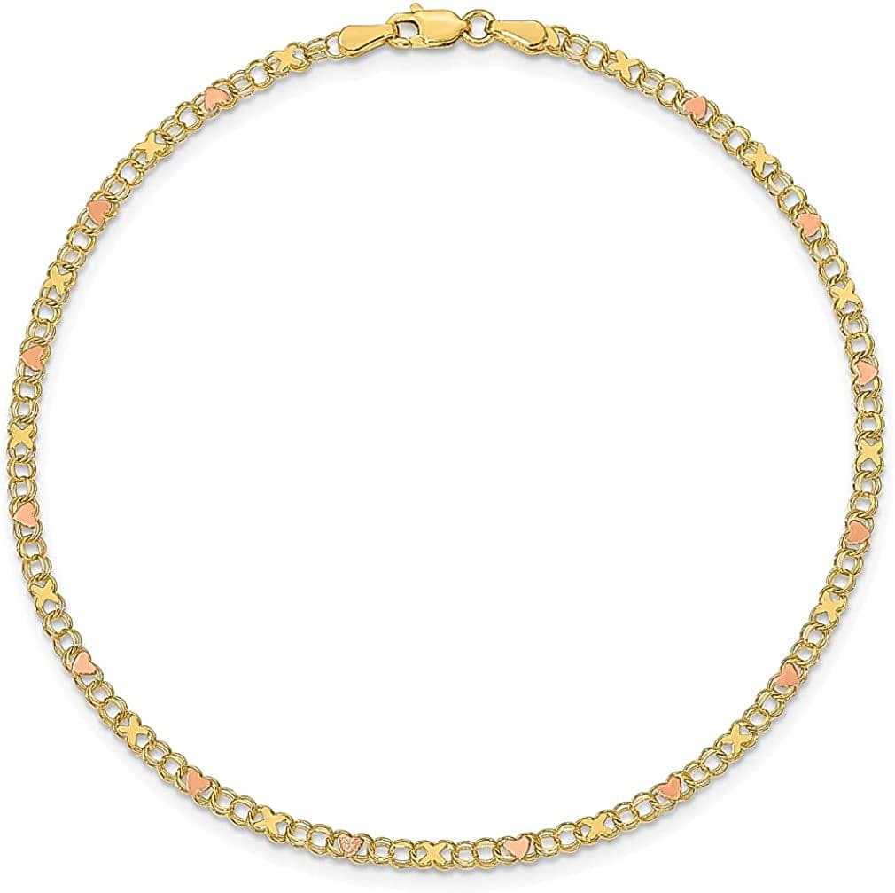 14K Yellow Gold Rose Xand Hearts 10 Inch Anklet Ankle Beach Chain Bracelet Love Fine Jewelry for Women Gifts for Her Apparel & Accessories > Jewelry > Anklets ICE CARATS   