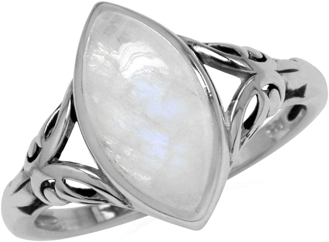 14X7Mm Natural Marquise Shape Moonstone 925 Sterling Silver Filigree Solitaire Ring 10.5