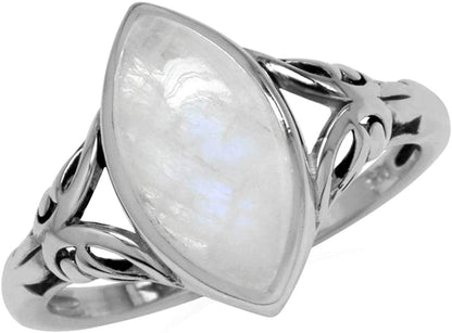 14X7Mm Natural Marquise Shape Moonstone 925 Sterling Silver Filigree Solitaire Ring 10.5