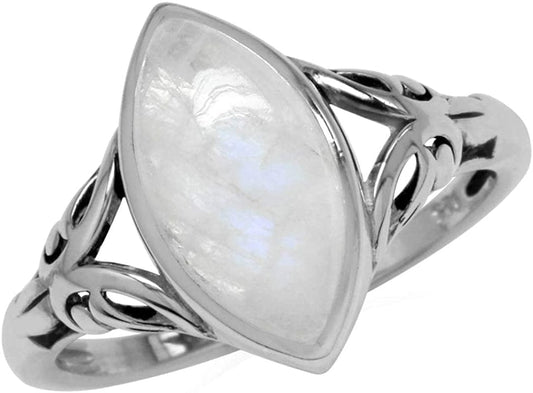 14X7Mm Natural Marquise Shape Moonstone 925 Sterling Silver Filigree Solitaire Ring 10.5