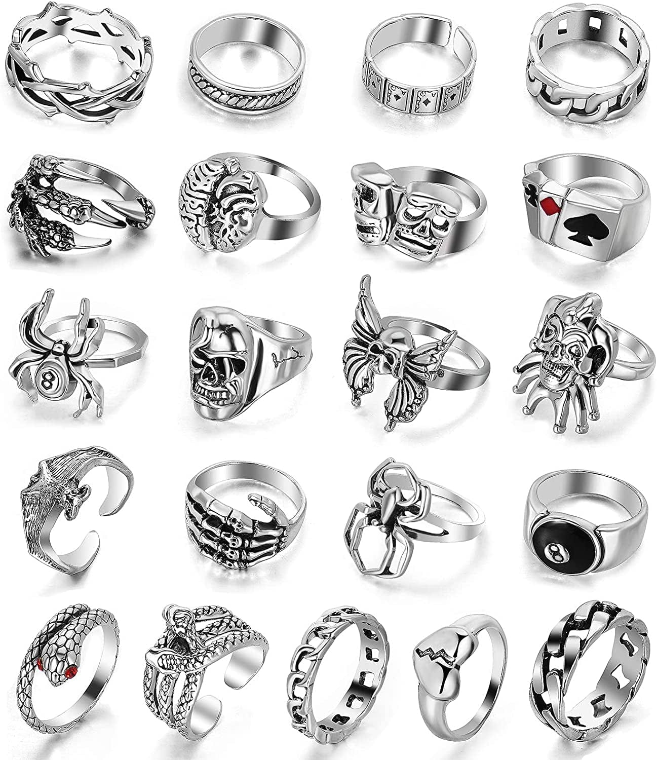 15-63 PCS Vintage Silver Knuckle Rings Set for Women Teen Girl, Stackable Joint Finger Statement Rings Bohemian Retro Hollow Carved Midi Rings, Boho Y2K Snake Butterfly Heart Chunky Stacking Rings Pack 21Pcs Silver Goth Punk