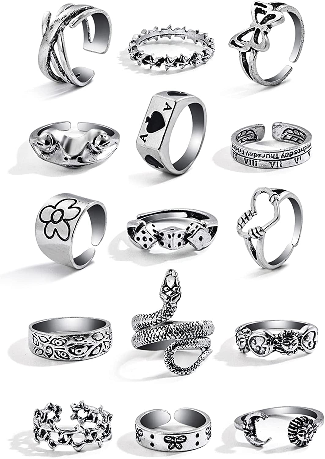 15-63 PCS Vintage Silver Knuckle Rings Set for Women Teen Girl, Stackable Joint Finger Statement Rings Bohemian Retro Hollow Carved Midi Rings, Boho Y2K Snake Butterfly Heart Chunky Stacking Rings Pack 15pcs set