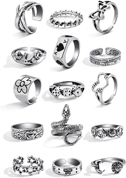 15-63 PCS Vintage Silver Knuckle Rings Set for Women Teen Girl, Stackable Joint Finger Statement Rings Bohemian Retro Hollow Carved Midi Rings, Boho Y2K Snake Butterfly Heart Chunky Stacking Rings Pack 15pcs set