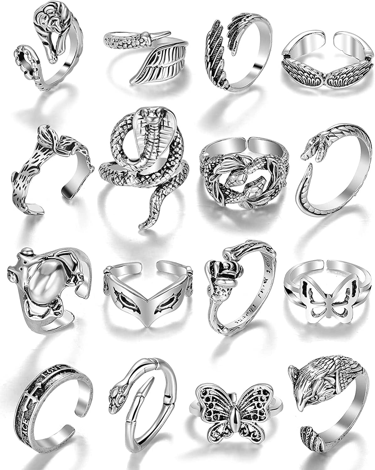15-63 PCS Vintage Silver Knuckle Rings Set for Women Teen Girl, Stackable Joint Finger Statement Rings Bohemian Retro Hollow Carved Midi Rings, Boho Y2K Snake Butterfly Heart Chunky Stacking Rings Pack 16 PCS Silver Animals