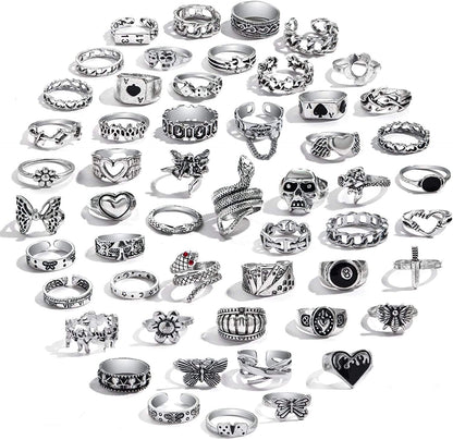 15-63 PCS Vintage Silver Knuckle Rings Set for Women Teen Girl, Stackable Joint Finger Statement Rings Bohemian Retro Hollow Carved Midi Rings, Boho Y2K Snake Butterfly Heart Chunky Stacking Rings Pack 53Pcs Vintage Silver