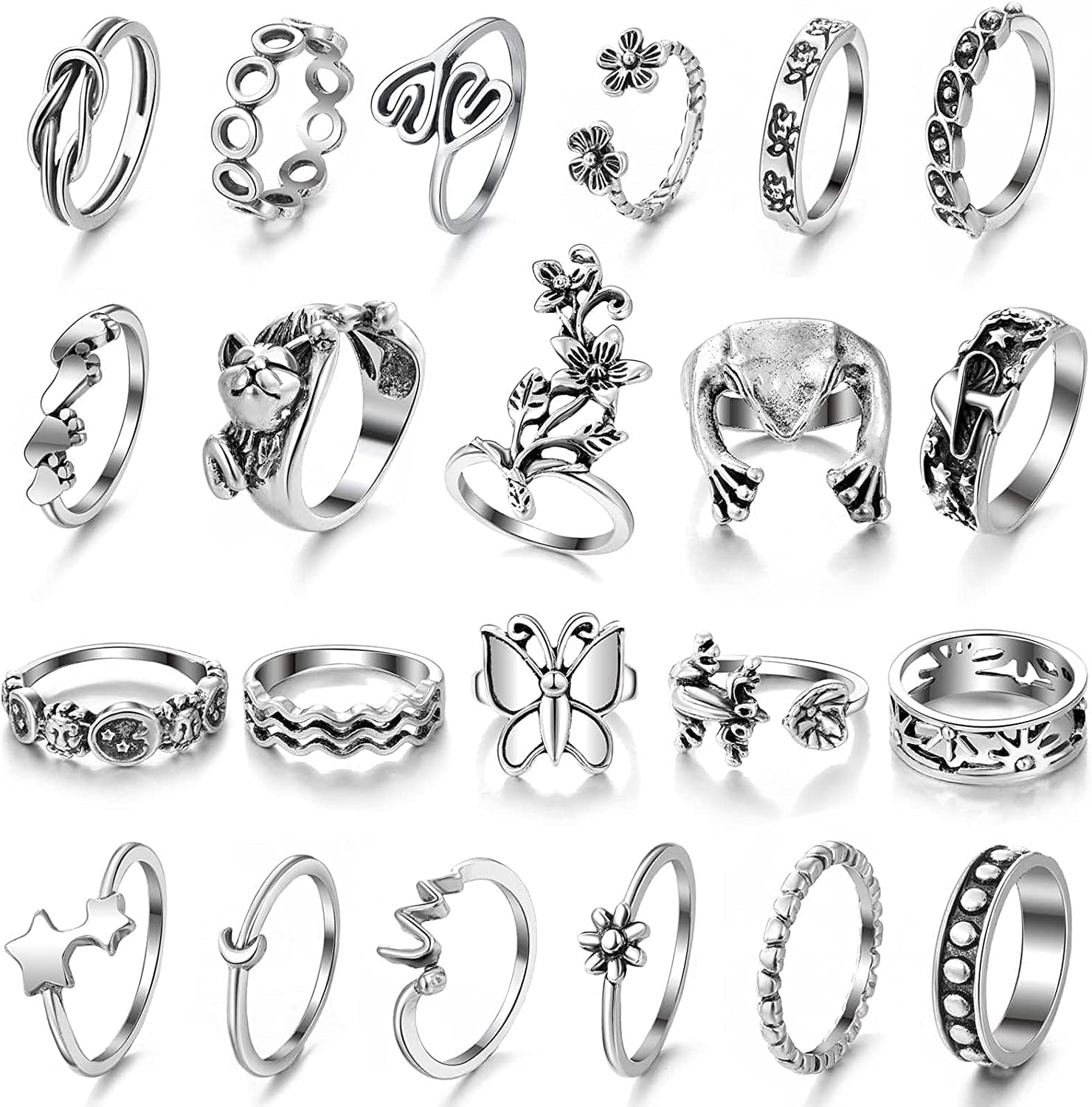 15-63 PCS Vintage Silver Knuckle Rings Set for Women Teen Girl, Stackable Joint Finger Statement Rings Bohemian Retro Hollow Carved Midi Rings, Boho Y2K Snake Butterfly Heart Chunky Stacking Rings Pack Silver