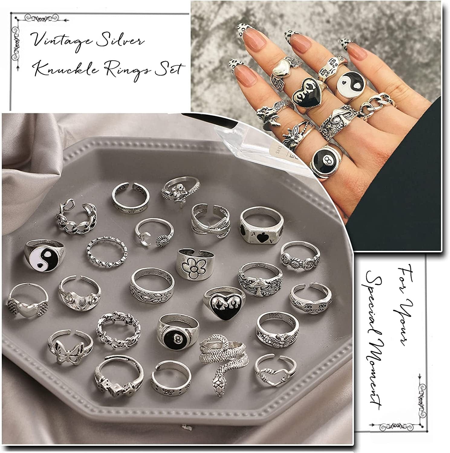 15-63 PCS Vintage Silver Knuckle Rings Set for Women Teen Girl, Stackable Joint Finger Statement Rings Bohemian Retro Hollow Carved Midi Rings, Boho Y2K Snake Butterfly Heart Chunky Stacking Rings Pack