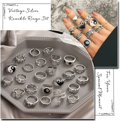 15-63 PCS Vintage Silver Knuckle Rings Set for Women Teen Girl, Stackable Joint Finger Statement Rings Bohemian Retro Hollow Carved Midi Rings, Boho Y2K Snake Butterfly Heart Chunky Stacking Rings Pack
