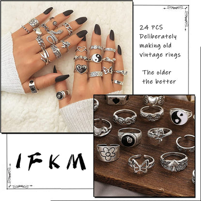 15-63 PCS Vintage Silver Knuckle Rings Set for Women Teen Girl, Stackable Joint Finger Statement Rings Bohemian Retro Hollow Carved Midi Rings, Boho Y2K Snake Butterfly Heart Chunky Stacking Rings Pack