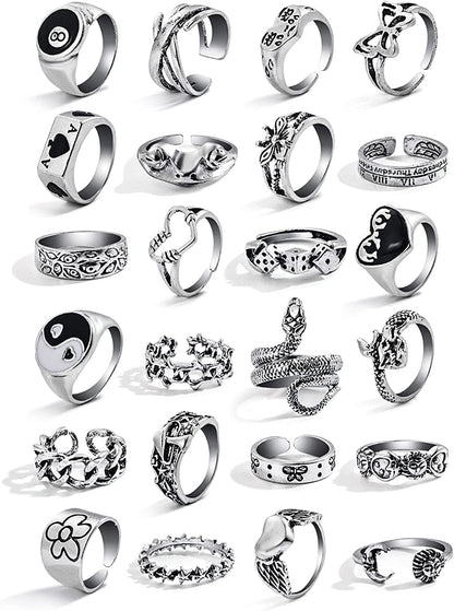 15-63 PCS Vintage Silver Knuckle Rings Set for Women Teen Girl, Stackable Joint Finger Statement Rings Bohemian Retro Hollow Carved Midi Rings, Boho Y2K Snake Butterfly Heart Chunky Stacking Rings Pack