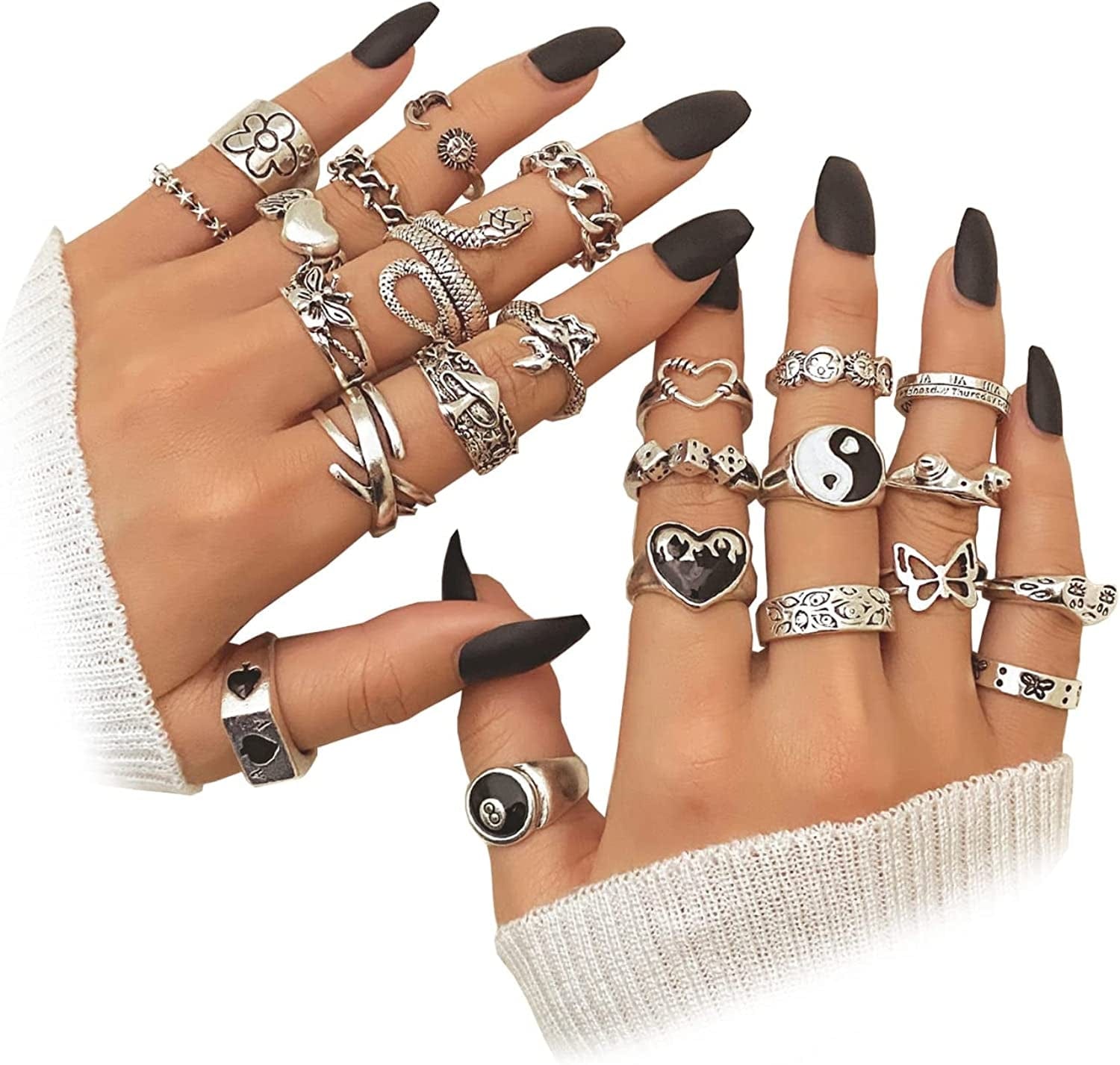 15-63 PCS Vintage Silver Knuckle Rings Set for Women Teen Girl, Stackable Joint Finger Statement Rings Bohemian Retro Hollow Carved Midi Rings, Boho Y2K Snake Butterfly Heart Chunky Stacking Rings Pack 24Pcs Vintage Silver