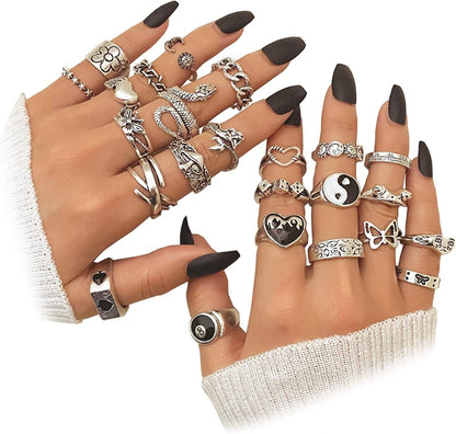 15-63 PCS Vintage Silver Knuckle Rings Set for Women Teen Girl, Stackable Joint Finger Statement Rings Bohemian Retro Hollow Carved Midi Rings, Boho Y2K Snake Butterfly Heart Chunky Stacking Rings Pack 24Pcs Vintage Silver