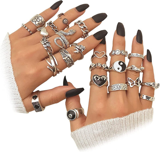 15-63 PCS Vintage Silver Knuckle Rings Set for Women Teen Girl, Stackable Joint Finger Statement Rings Bohemian Retro Hollow Carved Midi Rings, Boho Y2K Snake Butterfly Heart Chunky Stacking Rings Pack 24Pcs Vintage Silver