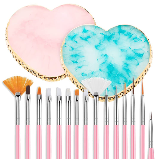 15 Pcs Nail Art Brushes with 2 Pcs Heart Resin Nail Art Palette, Nail Art Painting Tools for Nail Art Home Salon (Multicolor) Health & Beauty > Personal Care > Cosmetics > Cosmetic Tools > Nail Tools Pengxiaomei Multicolor  
