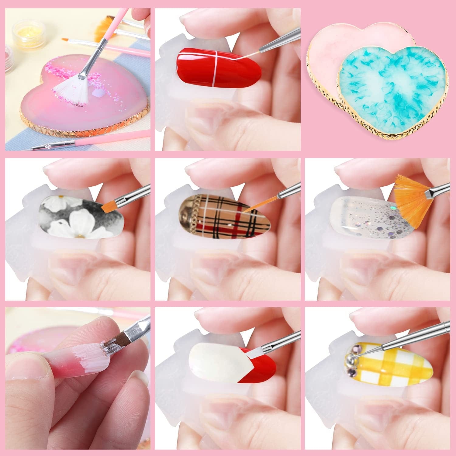 15 Pcs Nail Art Brushes with 2 Pcs Heart Resin Nail Art Palette, Nail Art Painting Tools for Nail Art Home Salon (Multicolor) Health & Beauty > Personal Care > Cosmetics > Cosmetic Tools > Nail Tools Pengxiaomei   