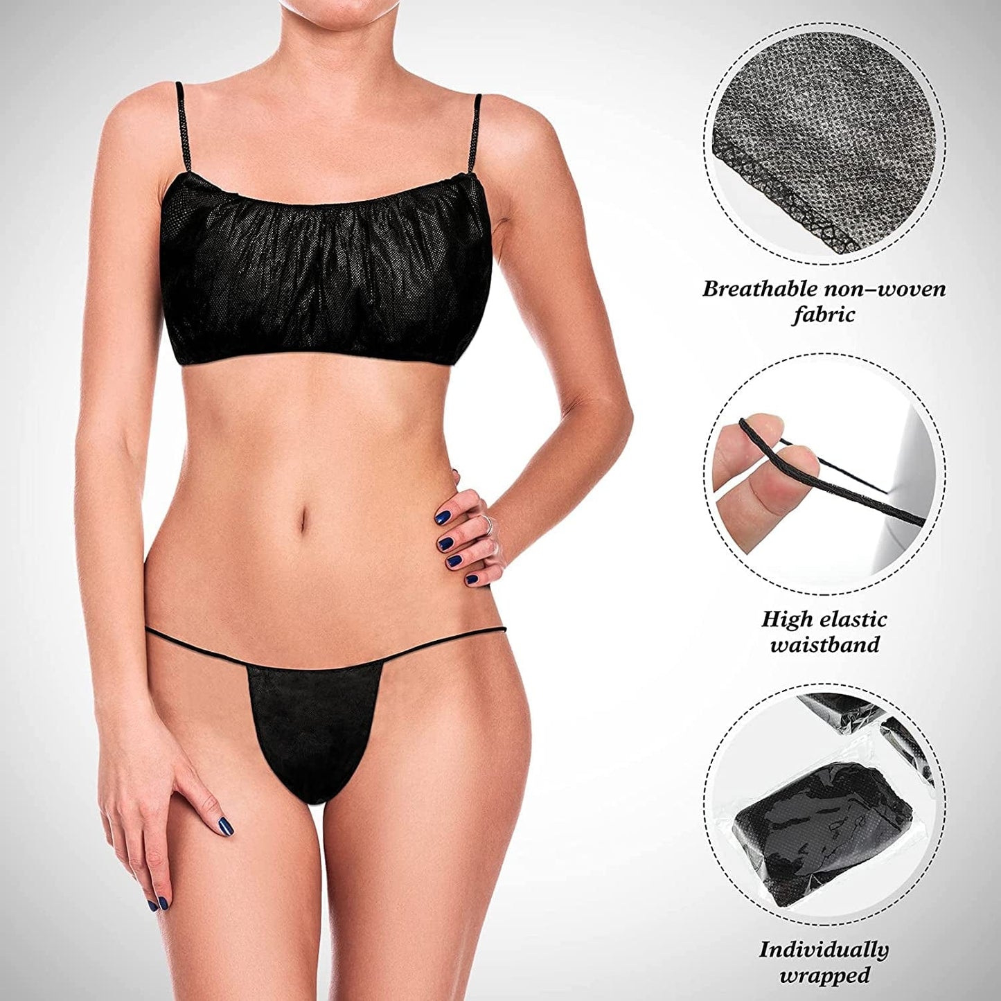 150 Pieces Disposable Bras and Panties Set Included 50 Pieces Bras 100 Pieces Thong for Women, Individually Wrapped