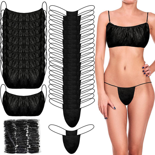 150 Pieces Disposable Bras and Panties Set Included 50 Pieces Bras 100 Pieces Thong for Women, Individually Wrapped Black