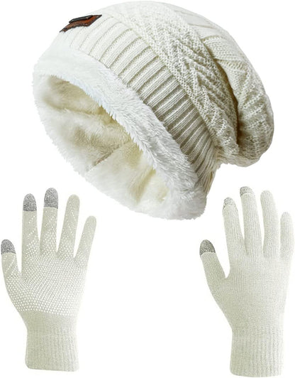 HINDAWI Winter Slouchy Beanie Gloves for Women Knit Hats Skull Caps Touch Screen Mittens Apparel & Accessories > Clothing Accessories > Gloves & Mittens HINDAWI Hat+gloves (White)  
