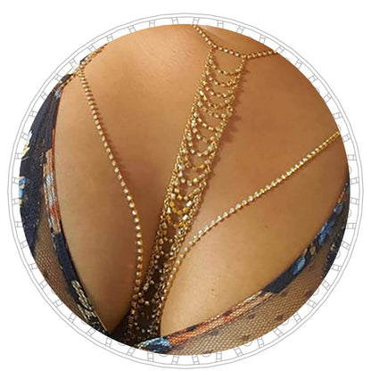Jeweky Boho Crystal Body Chain Gold Rhinestone Harness Bra Jewelry Beach Bikini Body Jewelry for Women and Girls Apparel & Accessories > Jewelry > Body Jewelry Artist Unknown   