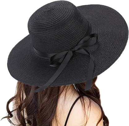 Sun Hats Floppy Foldable Bowknot Large Wide Brim Straw Women'S Hats Summer Beach Beach Cap UV Protection (Black) Apparel & Accessories > Clothing Accessories > Hats Chapter Seven   