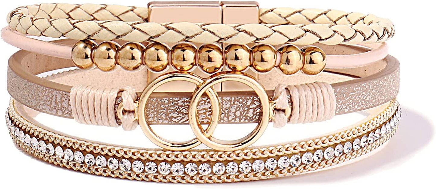 FANCY SHINY Boho Wrap Bracelets Leather Cuff Bangle Gold Beaded Bracelets for Women Stackable Infinity Bracelets Jewelry with Clasp Apparel & Accessories > Jewelry > Bracelets FANCY SHINY Gold  
