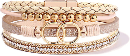 FANCY SHINY Boho Wrap Bracelets Leather Cuff Bangle Gold Beaded Bracelets for Women Stackable Infinity Bracelets Jewelry with Clasp Apparel & Accessories > Jewelry > Bracelets FANCY SHINY Gold  