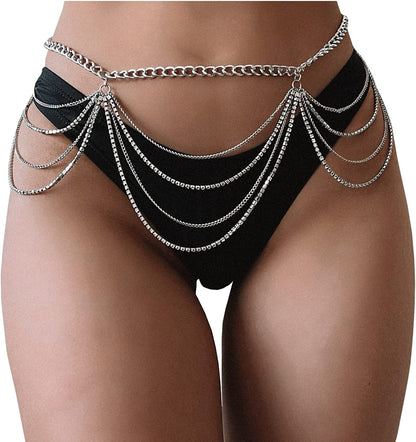 Body Chains Belts for Women Girls Sexy Waist Chain Rhinestone Body Jewelry Rave Outfits Festival Accessories Apparel & Accessories > Jewelry > Body Jewelry FNQUFUJ Silver03  