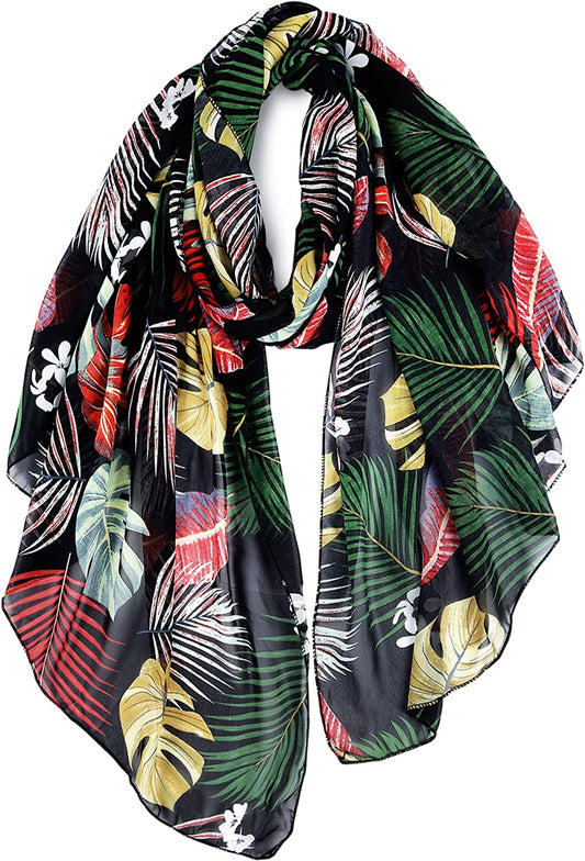 GERINLY Summer Scarfs for Women Lightweight Peony Print Hawaiian Wrap Beach Shawl Cotton Voile Head Scarf Apparel & Accessories > Clothing Accessories > Scarves & Shawls GERINLY Black  
