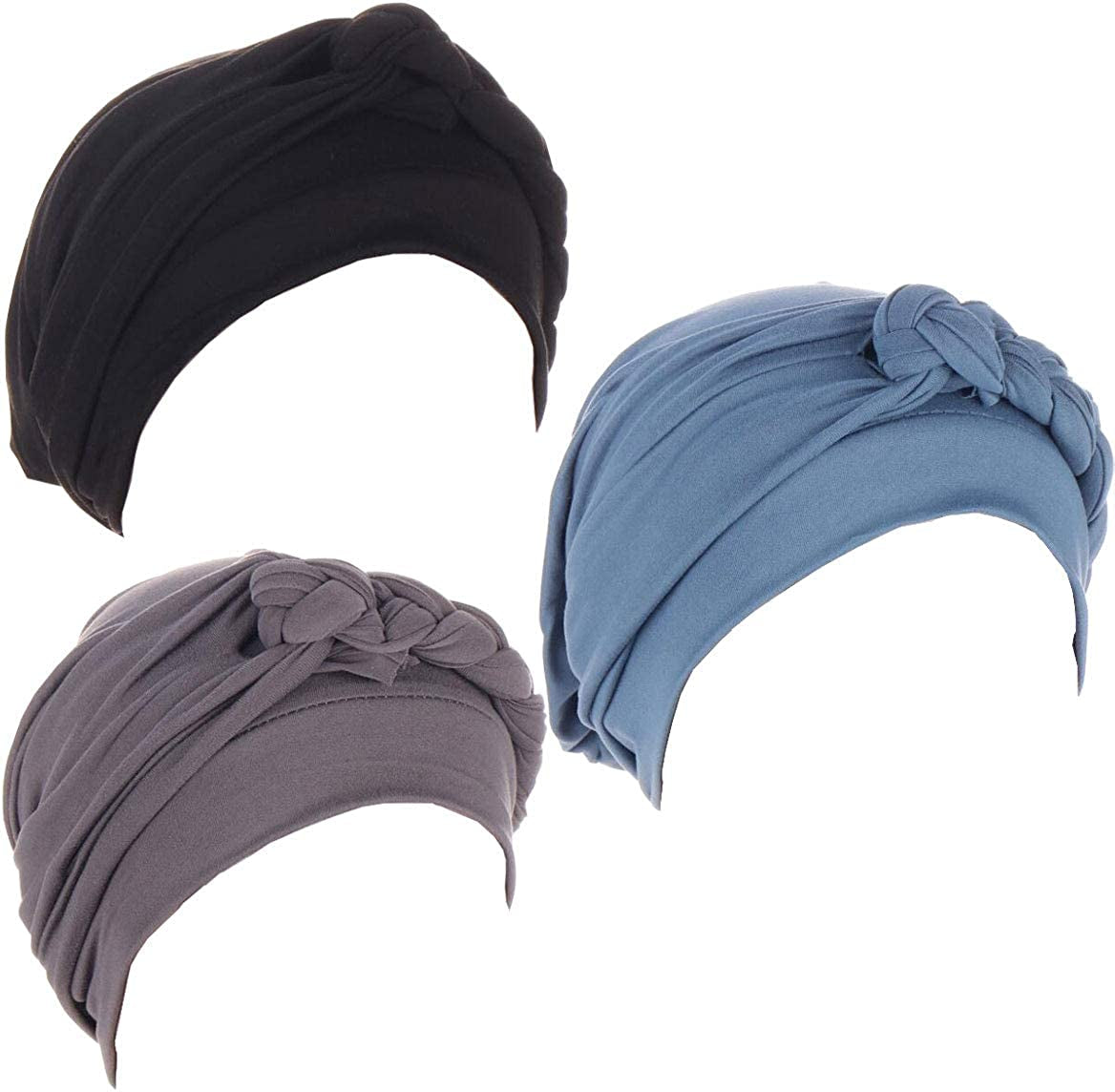 Lucky Staryuan ® 3Pack Chemo Cancer Headwear for Women Soft Pre-Tied Twisted Braid Hair Cover Turban Headwear Apparel & Accessories > Clothing Accessories > Headwear Lucky staryuan Black Gray Light Blue  