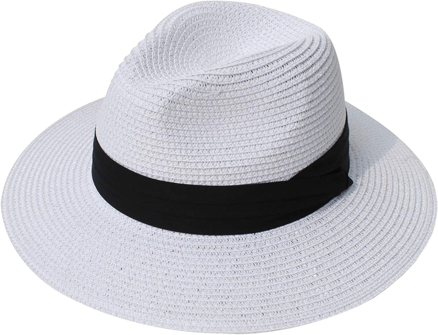 DRESHOW Women Straw Panama Hat Fedora Beach Sun Hat Wide Brim Straw Roll up Hat UPF 50+ Apparel & Accessories > Clothing Accessories > Hats DRESHOW White  