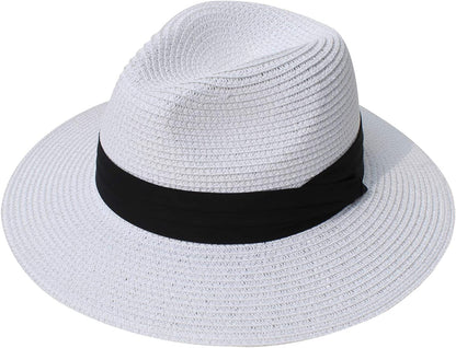 DRESHOW Women Straw Panama Hat Fedora Beach Sun Hat Wide Brim Straw Roll up Hat UPF 50+ Apparel & Accessories > Clothing Accessories > Hats DRESHOW White  