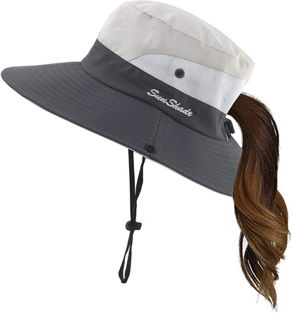 Mukeyo Womens Summer Sun Hat Wide Brim Outdoor UV Protection Hat Foldable Ponytail Bucket Cap for Beach Fishing Hiking Apparel & Accessories > Clothing Accessories > Hats Mukeyo Beige  