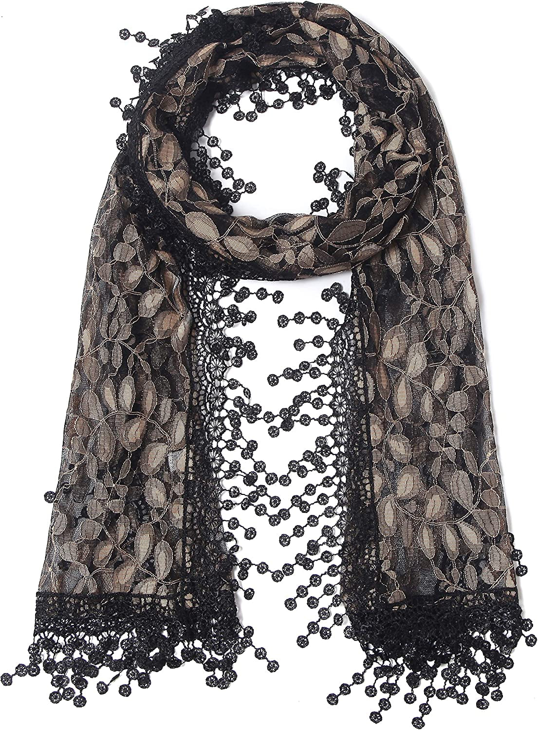 Women'S Lightweight Feminine Lace Teardrop Fringe Lace Scarf Vintage Scarf Mesh Crochet Tassel Cotton Scarf for Women Apparel & Accessories > Clothing Accessories > Scarves & Shawls Tan's Black & Brown 21  