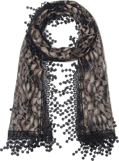 Women'S Lightweight Feminine Lace Teardrop Fringe Lace Scarf Vintage Scarf Mesh Crochet Tassel Cotton Scarf for Women Apparel & Accessories > Clothing Accessories > Scarves & Shawls Tan's Black & Brown 21  