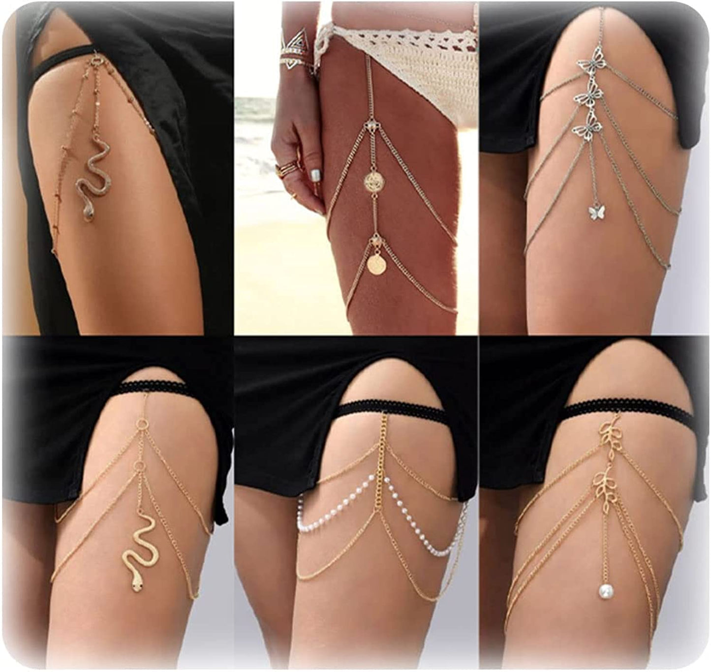 Snake Leg Chain for Women Thigh Chain for Girls Gold Snake Pendant Boho Body Chain for Beach Summer Holiday Apparel & Accessories > Jewelry > Body Jewelry HUASAI 6 Pcs  