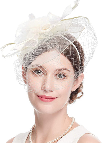 Fascinators Hats 20S 50S Hat Pillbox Hat Cocktail Tea Party Headwear with Veil for Girls and Women Apparel & Accessories > Clothing Accessories > Headwear Cizoe D-beige  