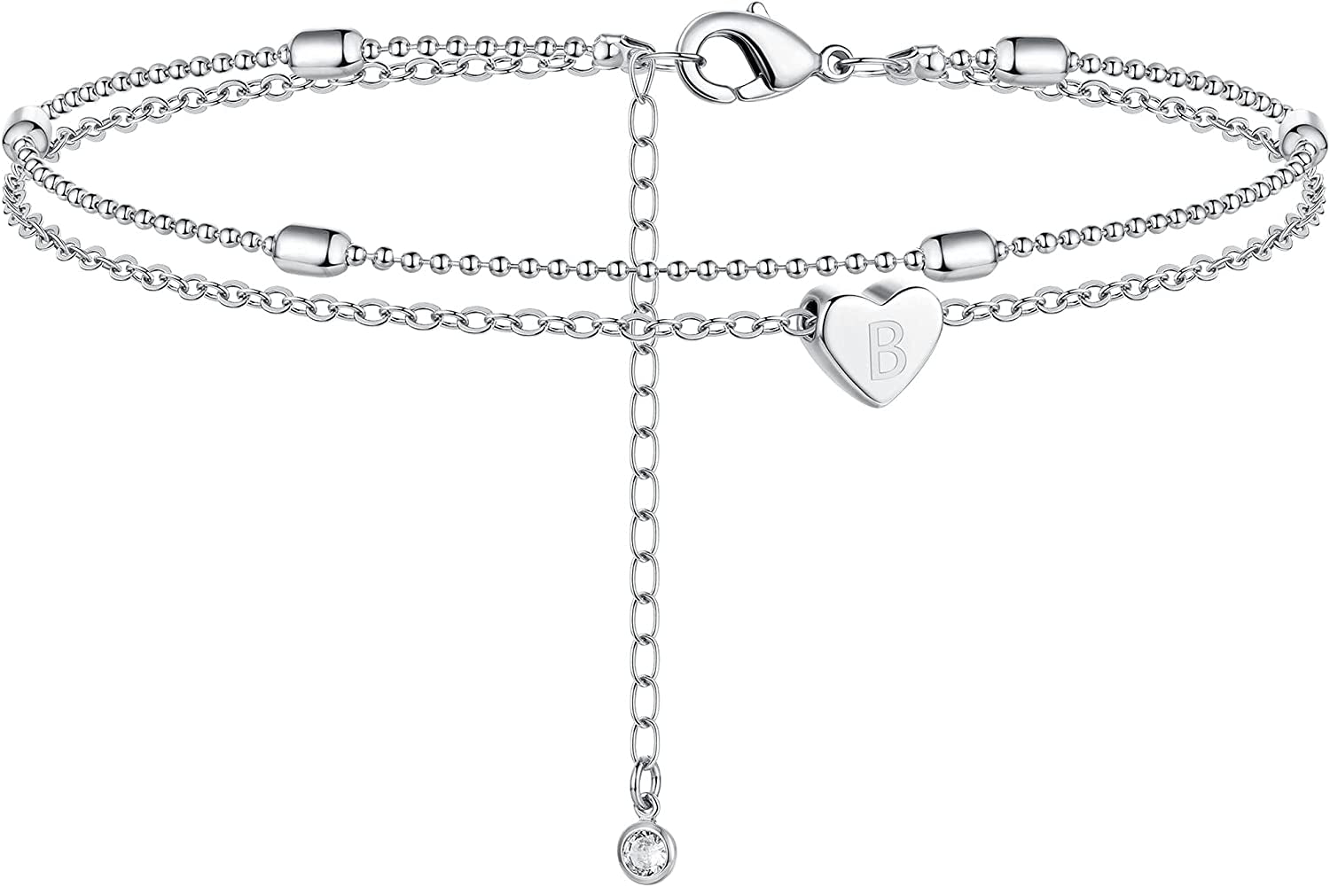 Moodear Silver Ankle Bracelets for Women, Sterling Silver Initial Anklet Layered Dainty Tiny Heart Charm Handmade Carved Alphabet A-Z Letter Ankle Bracelet Beaded Foot Chain Personalized Name Anklets Summer Cute Boho Beach Gift for Her Apparel & Accessories > Jewelry > Anklets Moodear Sterling Silver-B  